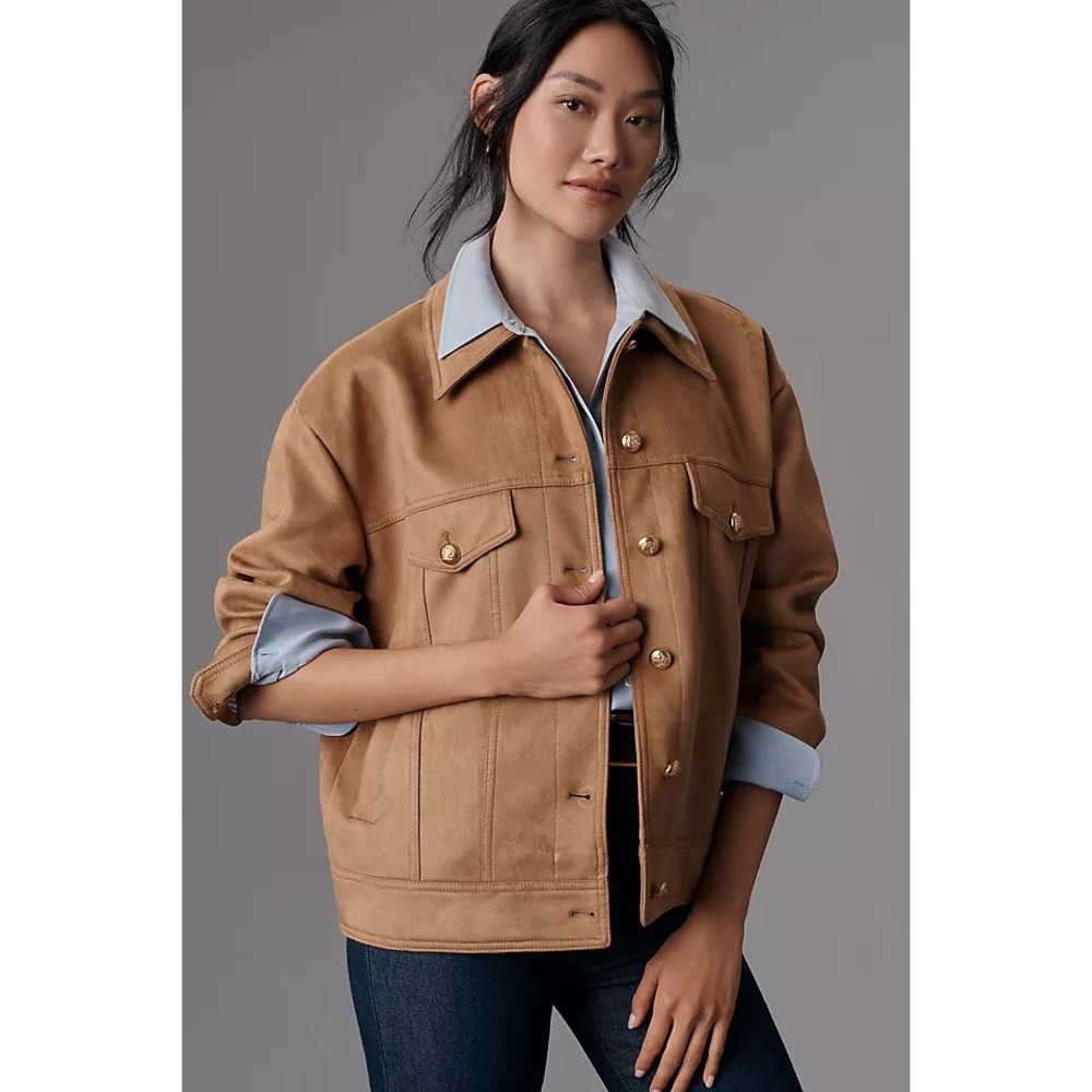 Maeve Anthropologie Faux Suede Trucker Jacket Tan Gold Button OB2145550 Womens S